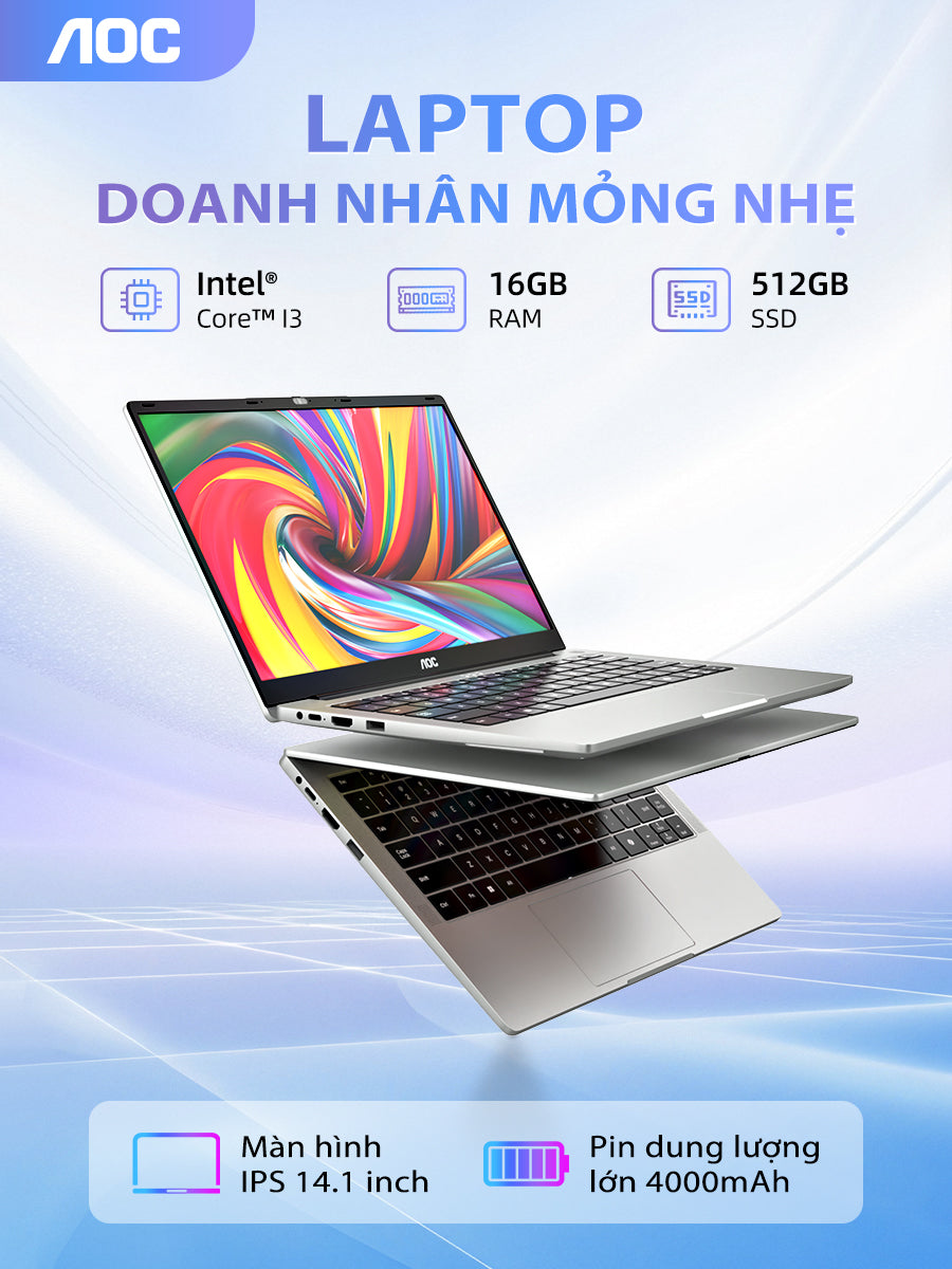 Laptop AOC 14 inch I3-1215U – RAM 16GB, SSD 512GB, thiết kế mỏng nhẹ, phù hợp học tập & văn phòng, bảo hành 1 năm