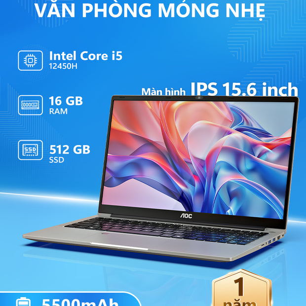 Laptop AOC 15.6 inch I5-12450H – RAM 16GB, SSD 512GB, thiết kế mỏng nhẹ, phù hợp học tập & văn phòng, bảo hành 1 năm
