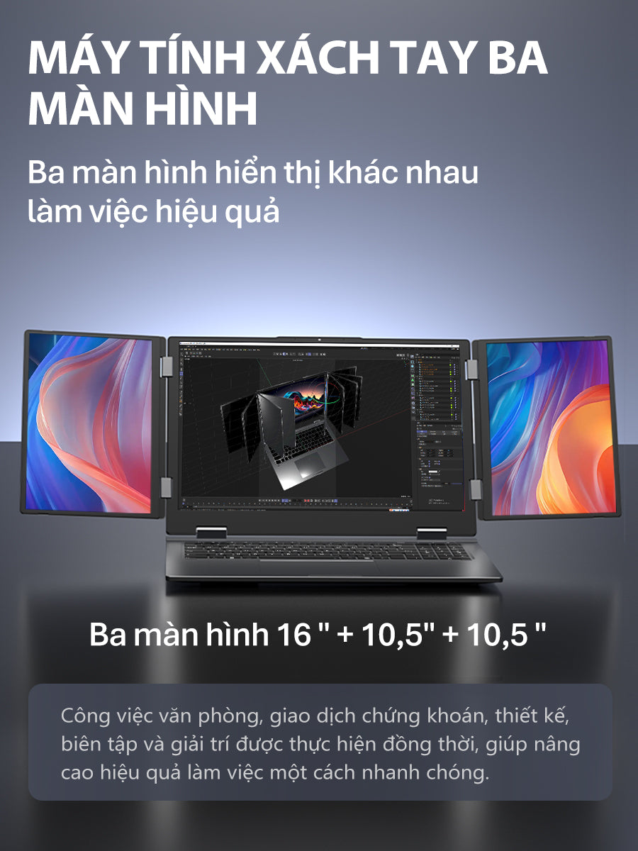 Laptop 3 màn hình MAX16, chính 16 inch & 2 phụ 10.5 inch Intel Core i7-12TH Windows 11 Pro Máy mới 100%, chính hãng