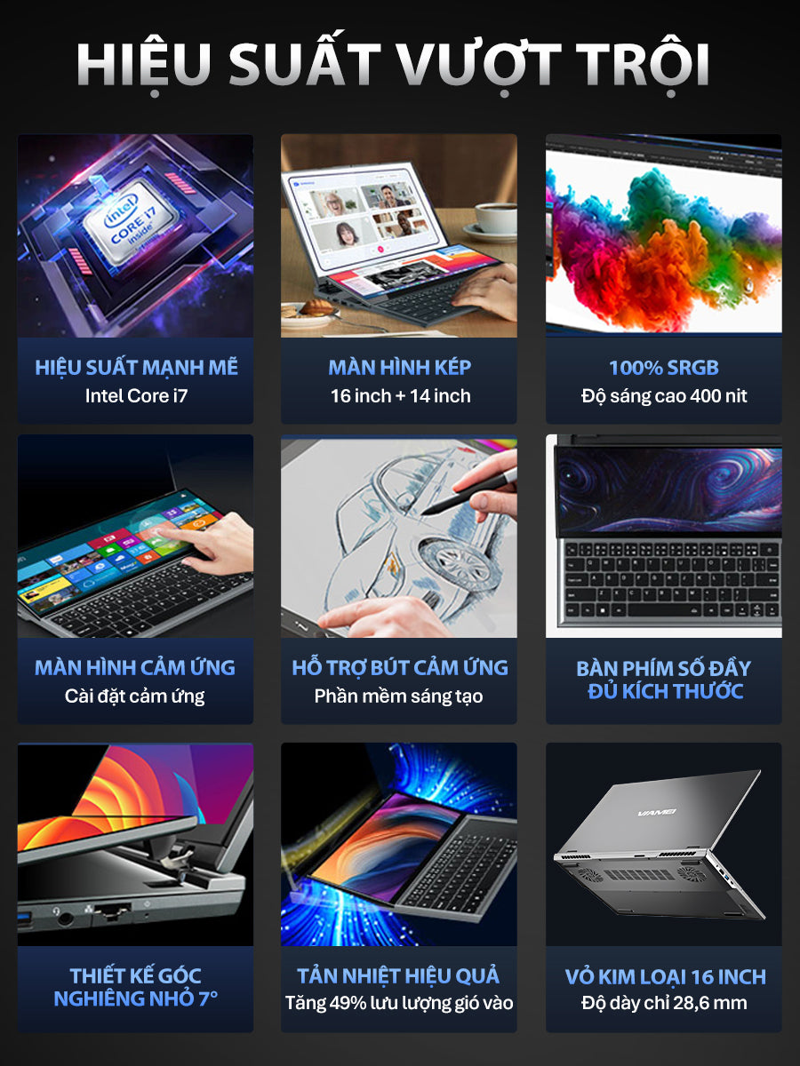 Laptop 2 màn hình 16 & 14 inch cảm ứng Intel Core i7-9850H Windows 11 Pro dành cho doanh nhân Máy mới 100%, chính hãng