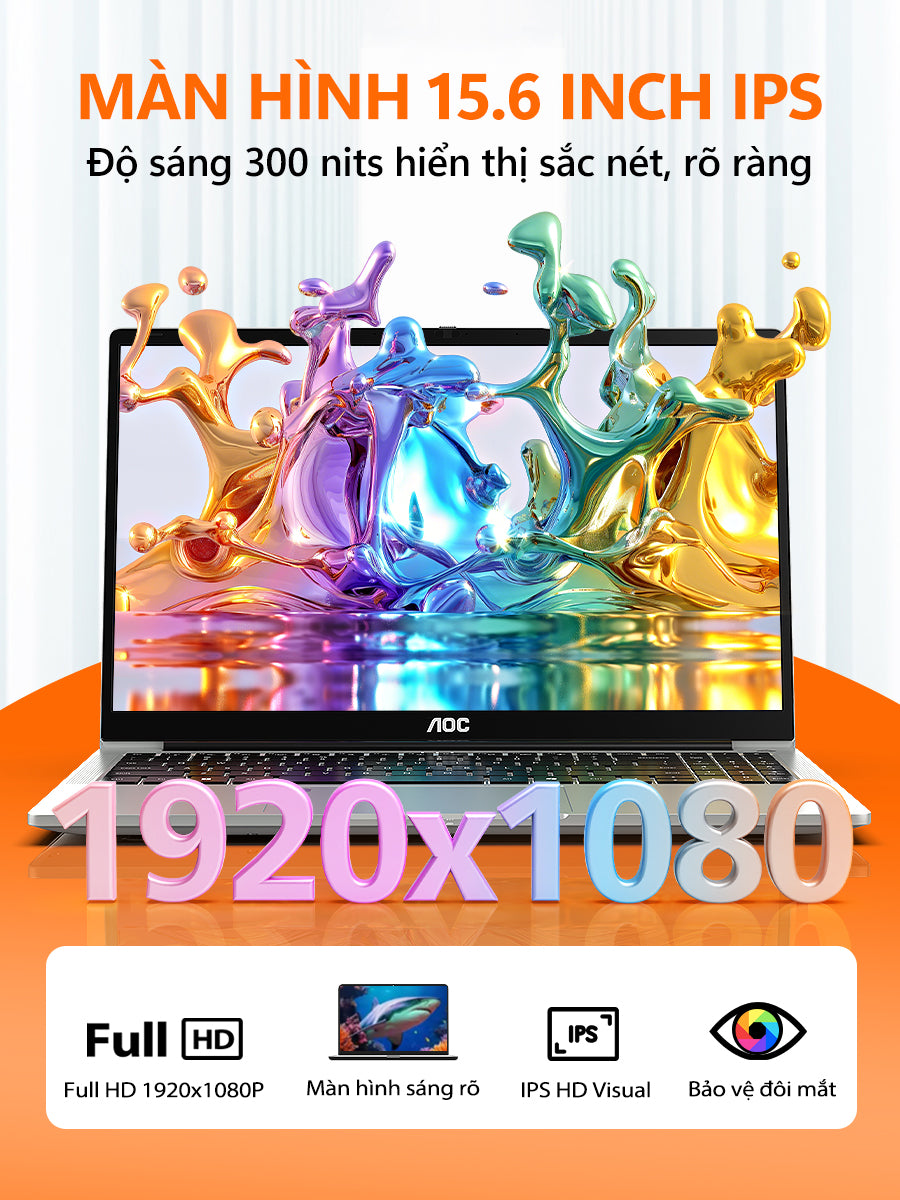 Laptop AOC giá rẻ 15.6 inch R7-7730U RAM 16GB, SSD 512GB mỏng nhẹ cho học tập, văn phòng - BH 1 năm