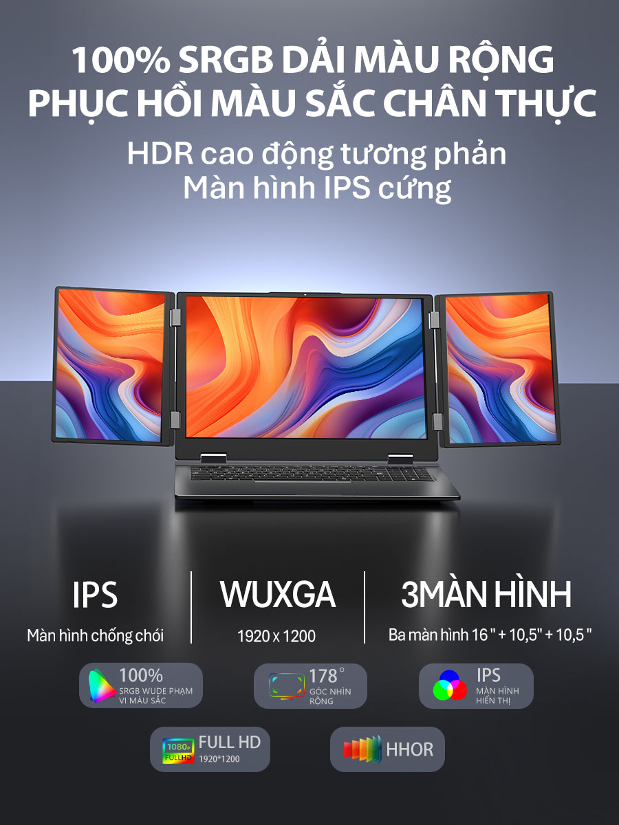 Laptop 3 màn hình MAX16, chính 16 inch & 2 phụ 10.5 inch Intel Core i7-12TH Windows 11 Pro Máy mới 100%, chính hãng