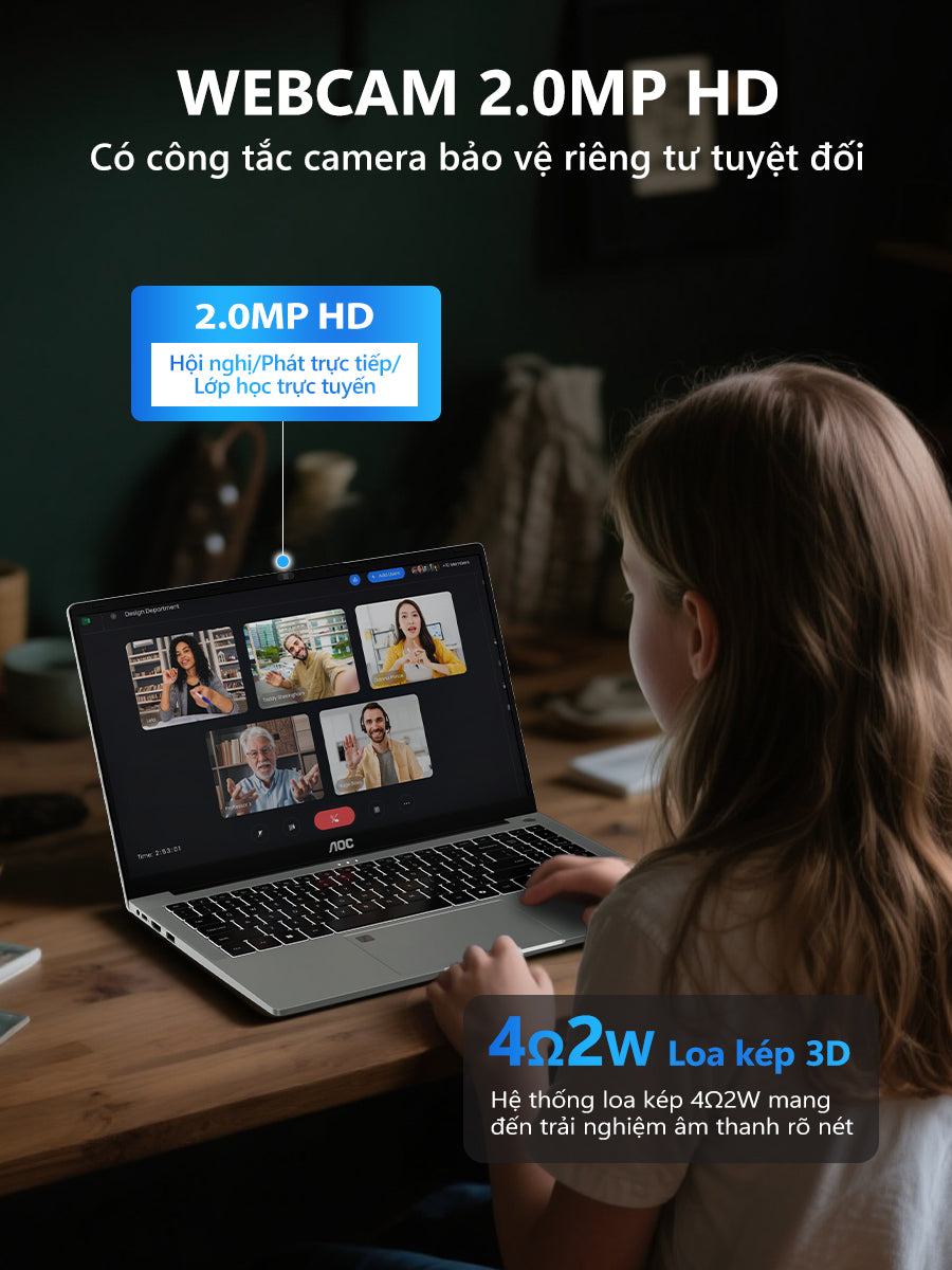 Laptop AOC 15.6 inch I5-12450H – RAM 16GB, SSD 512GB, thiết kế mỏng nhẹ, phù hợp học tập & văn phòng, bảo hành 1 năm