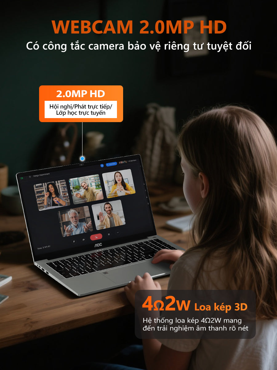 Laptop AOC giá rẻ 15.6 inch R7-7730U RAM 16GB, SSD 512GB mỏng nhẹ cho học tập, văn phòng - BH 1 năm