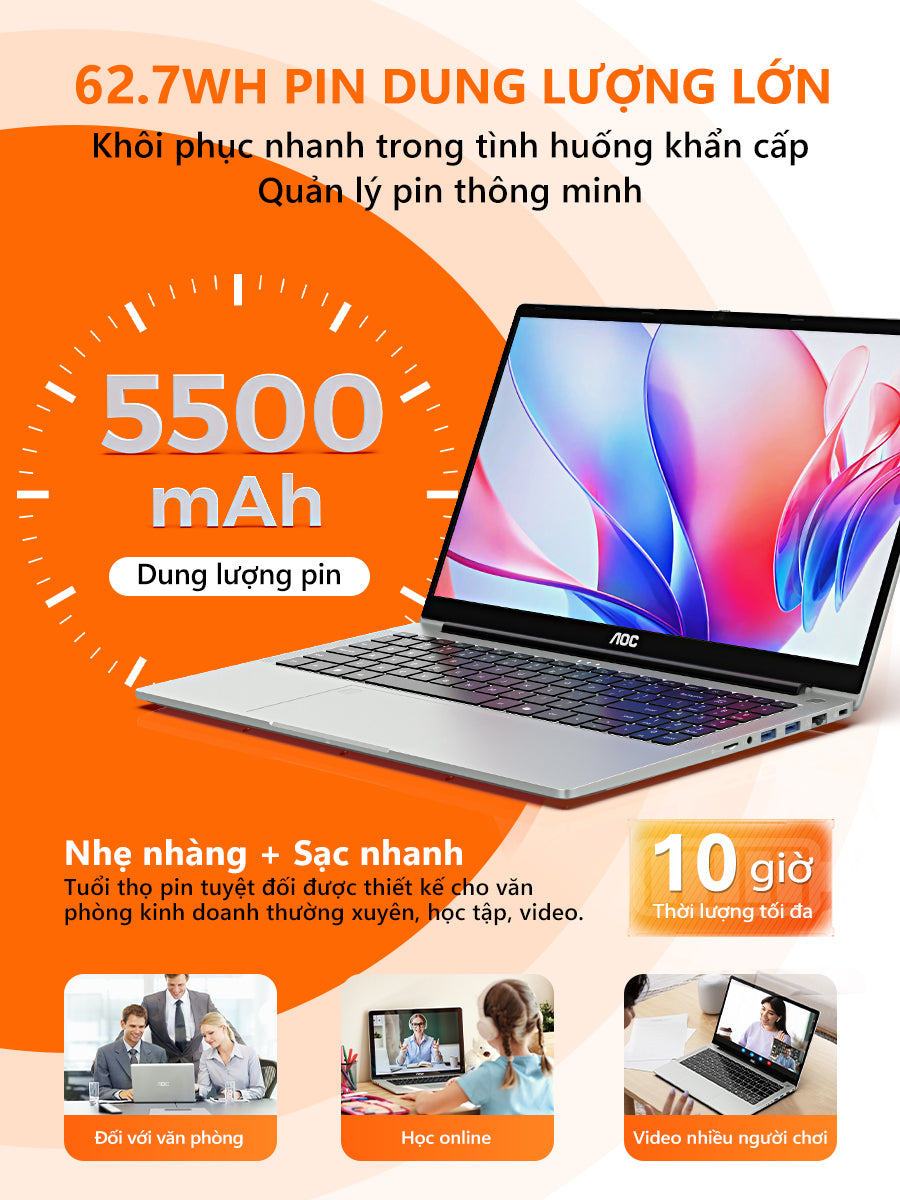Laptop AOC giá rẻ 15.6 inch R7-7730U RAM 16GB, SSD 512GB mỏng nhẹ cho học tập, văn phòng - BH 1 năm