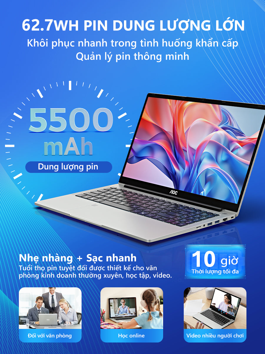 Laptop AOC 15.6 inch I5-12450H – RAM 16GB, SSD 512GB, thiết kế mỏng nhẹ, phù hợp học tập & văn phòng, bảo hành 1 năm