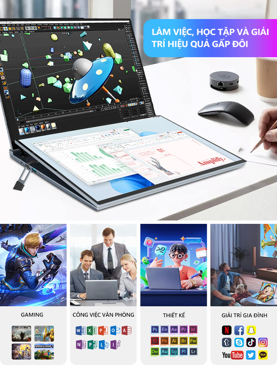 Laptop viamei 16 inch 2 màn hình cảm ứng DS16-PLUS, Intel Core i7-1360P, RAM DDR4, Win 11 Máy mới 100%, chính hãng