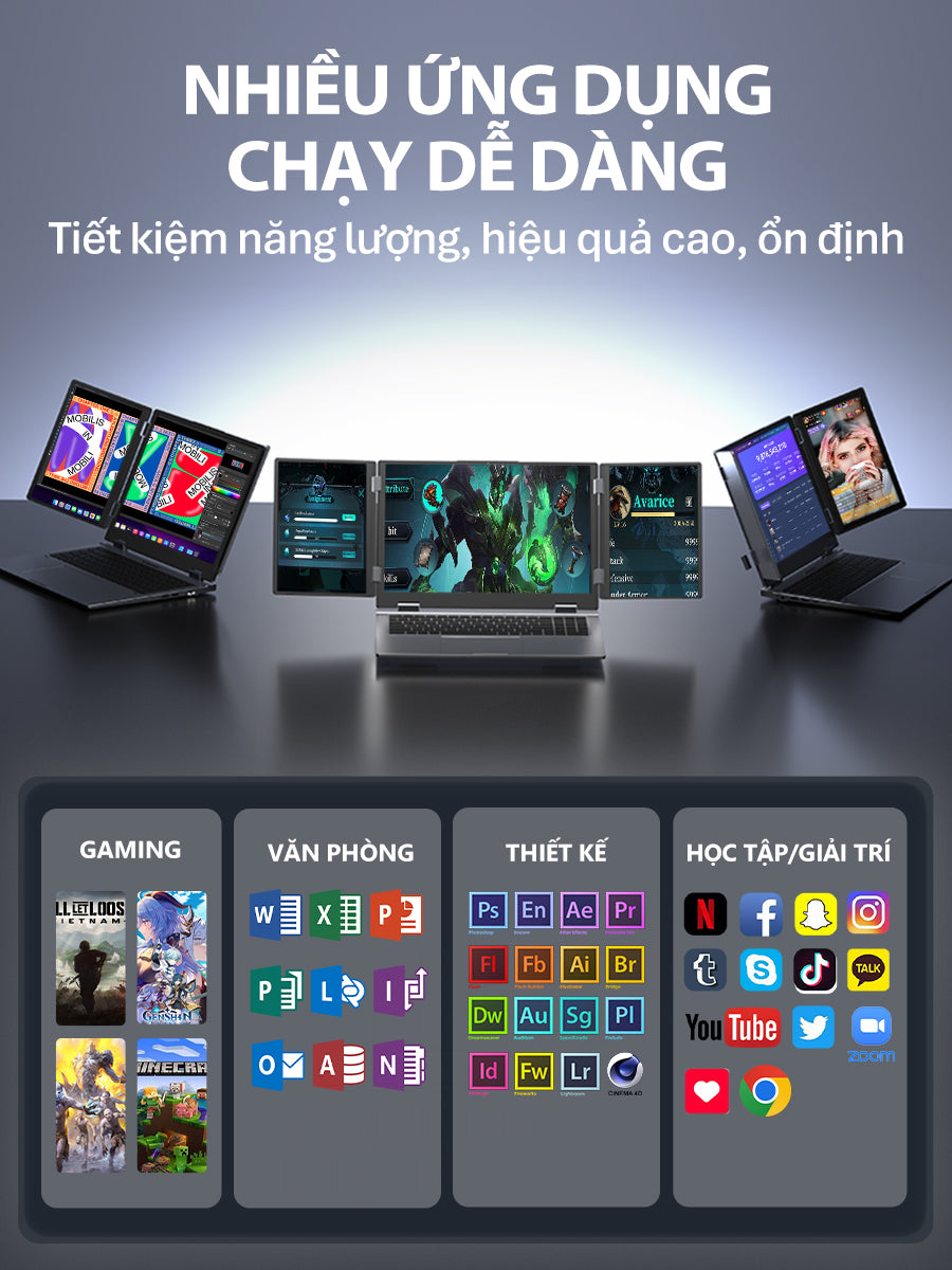 Laptop 3 màn hình MAX16, chính 16 inch & 2 phụ 10.5 inch Intel Core i7-12TH Windows 11 Pro Máy mới 100%, chính hãng