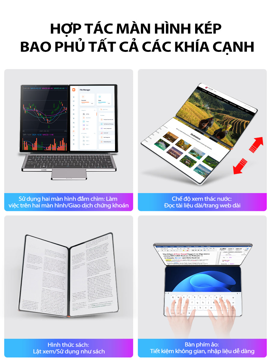 Laptop giá rẻ cảm ứng I3 - 1215U, 2 màn hình 10.95 inch Ram 16GB, SSD 512GB, gập 180 độ, Win 11 bản quyền